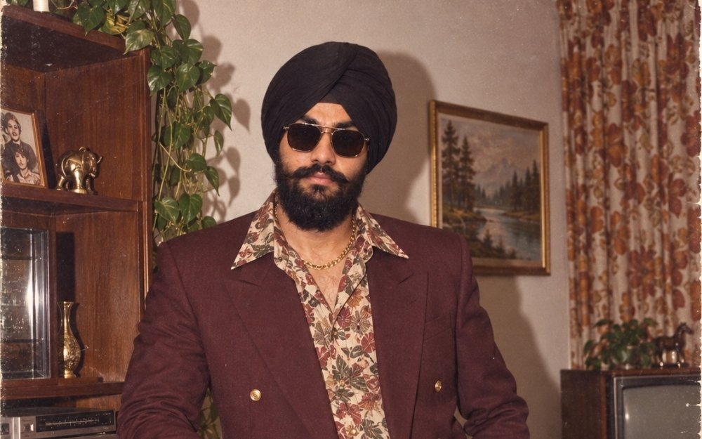 AI 1970s vintage film photo of a man in a black turban, maroon blazer and floral shirt in a retro living room