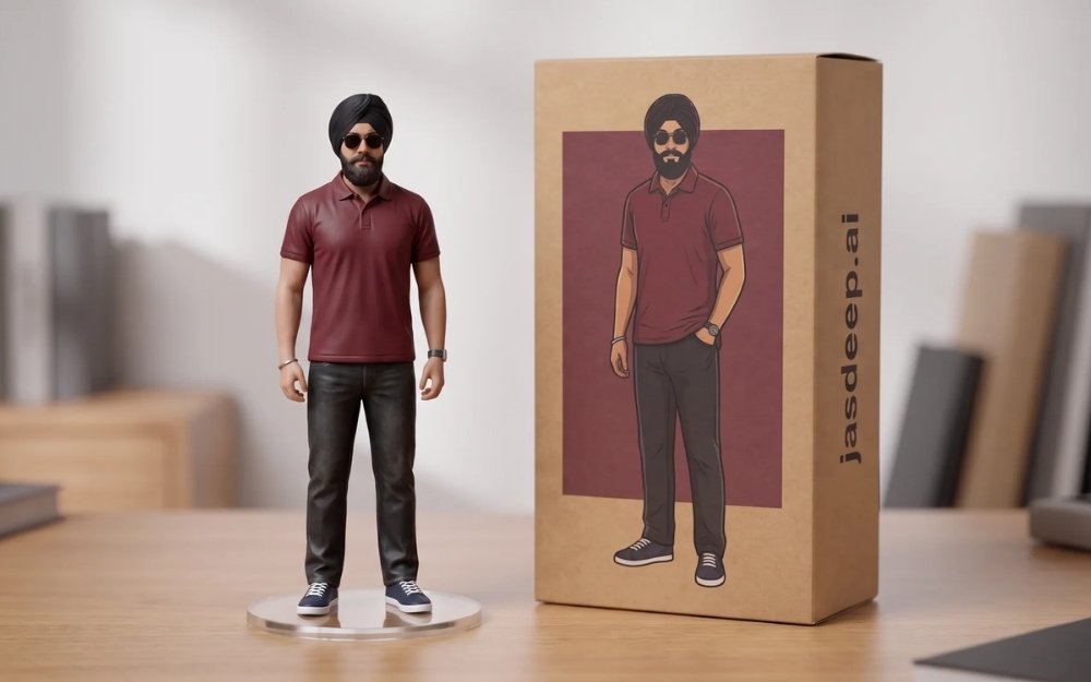 AI 3D collectible figure of a man in a black turban and maroon polo on an acrylic base beside an illustrated toy box