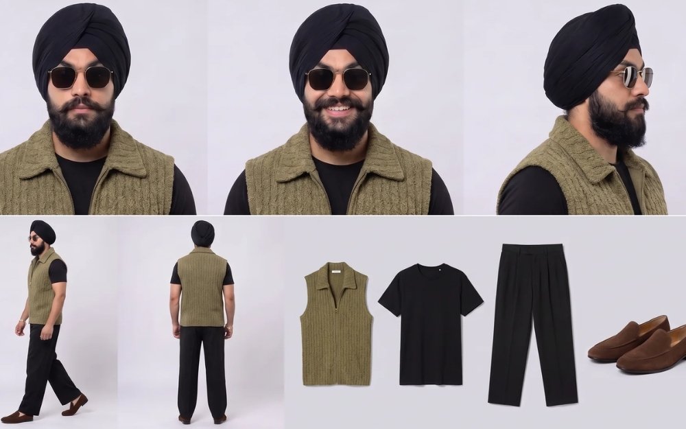 AI character reference sheet of a man in a black turban and sunglasses with front, side and back views and outfit pieces
